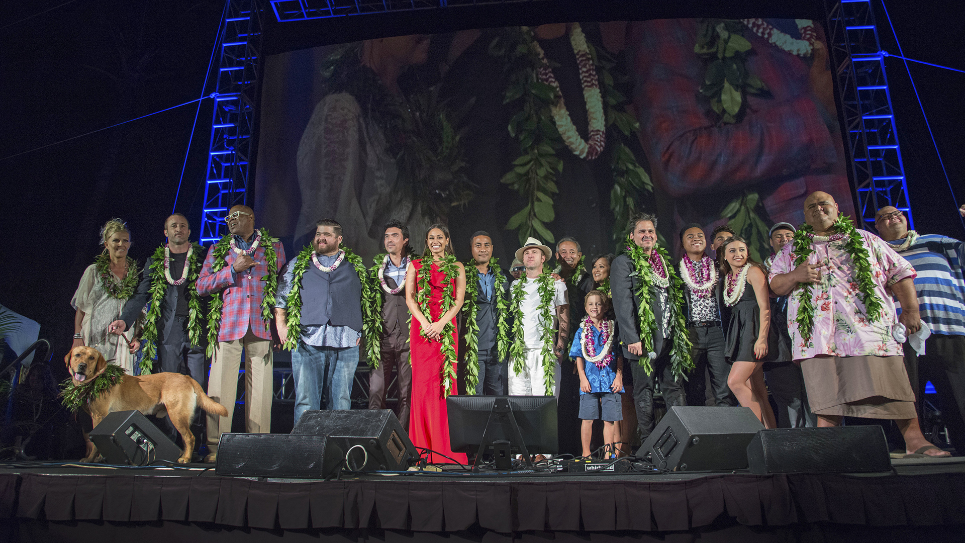 The cast of Hawaii Five-0 join together on stage to thank everyone attending this year's Sunset on the Beach.