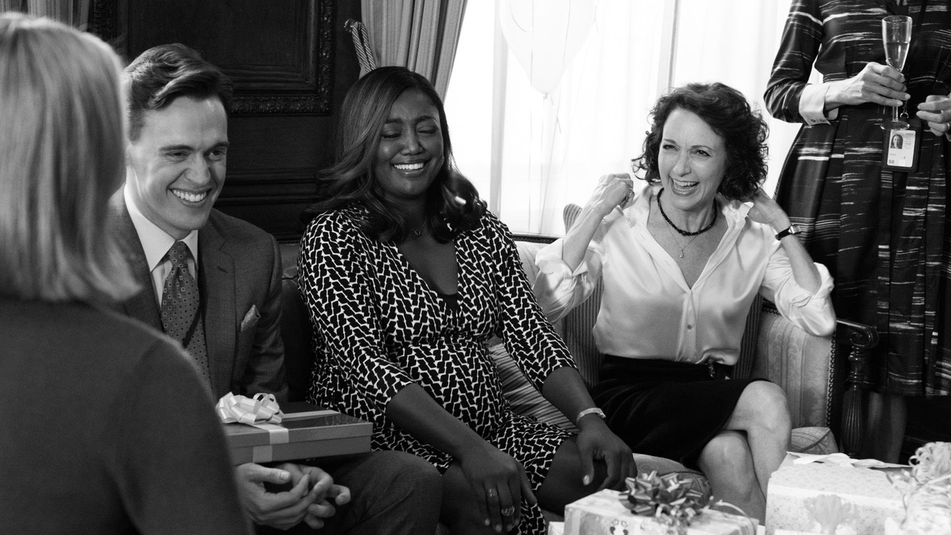 Erich, Patina, and Bebe Neuwirth (Nadine Tolliver) laugh between takes. 