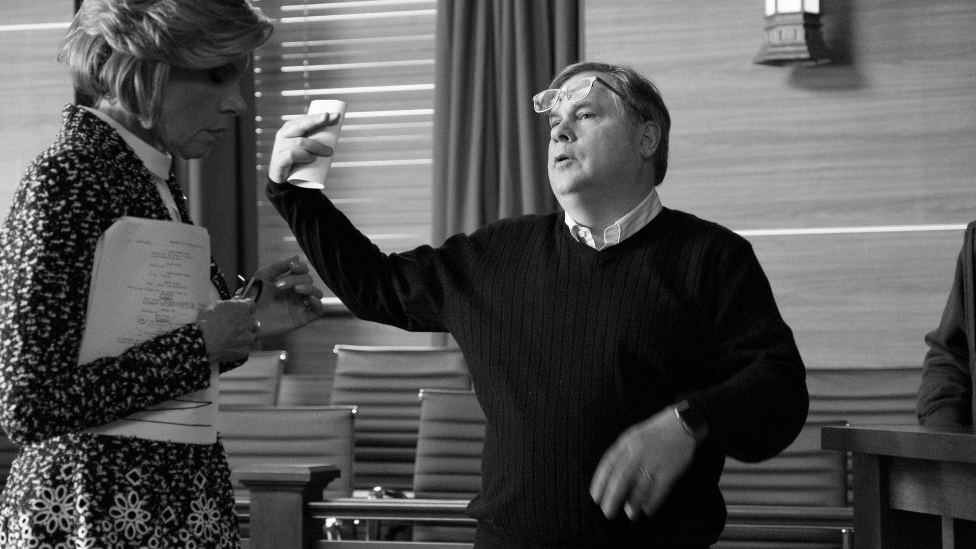 Robert King directs Christine Baranski in the courtroom.